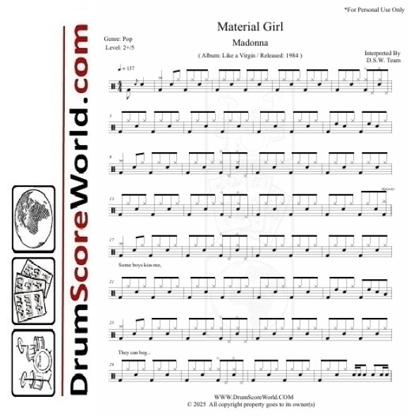 Madonna - Material Girl | Drum Sheet Madonna - Material Girl | Drum Sheet